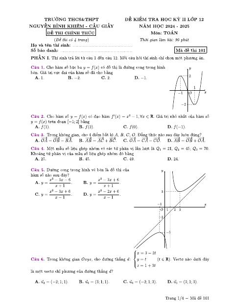 Đề thi Học kì 2 Toán 12 năm 2024-2025 trường Nguyễn Bỉnh Khiêm (Hà Nội)